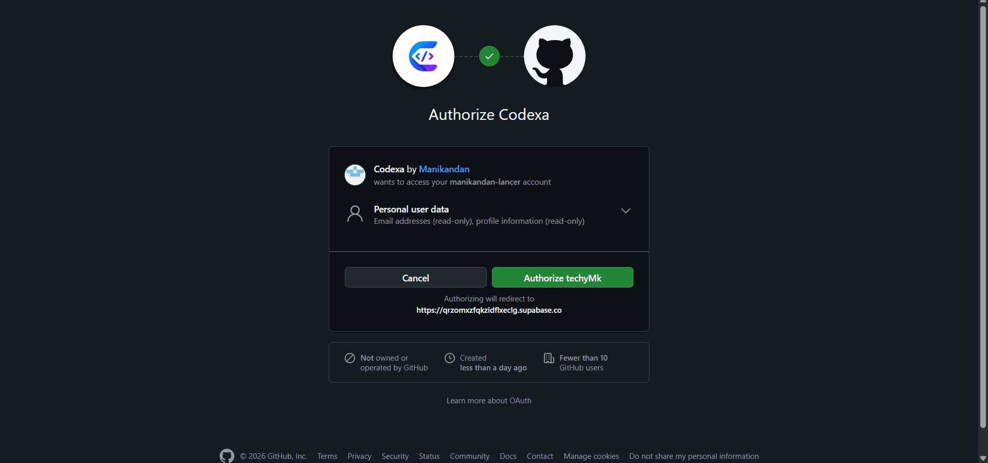 GitHub install screen for Codexa