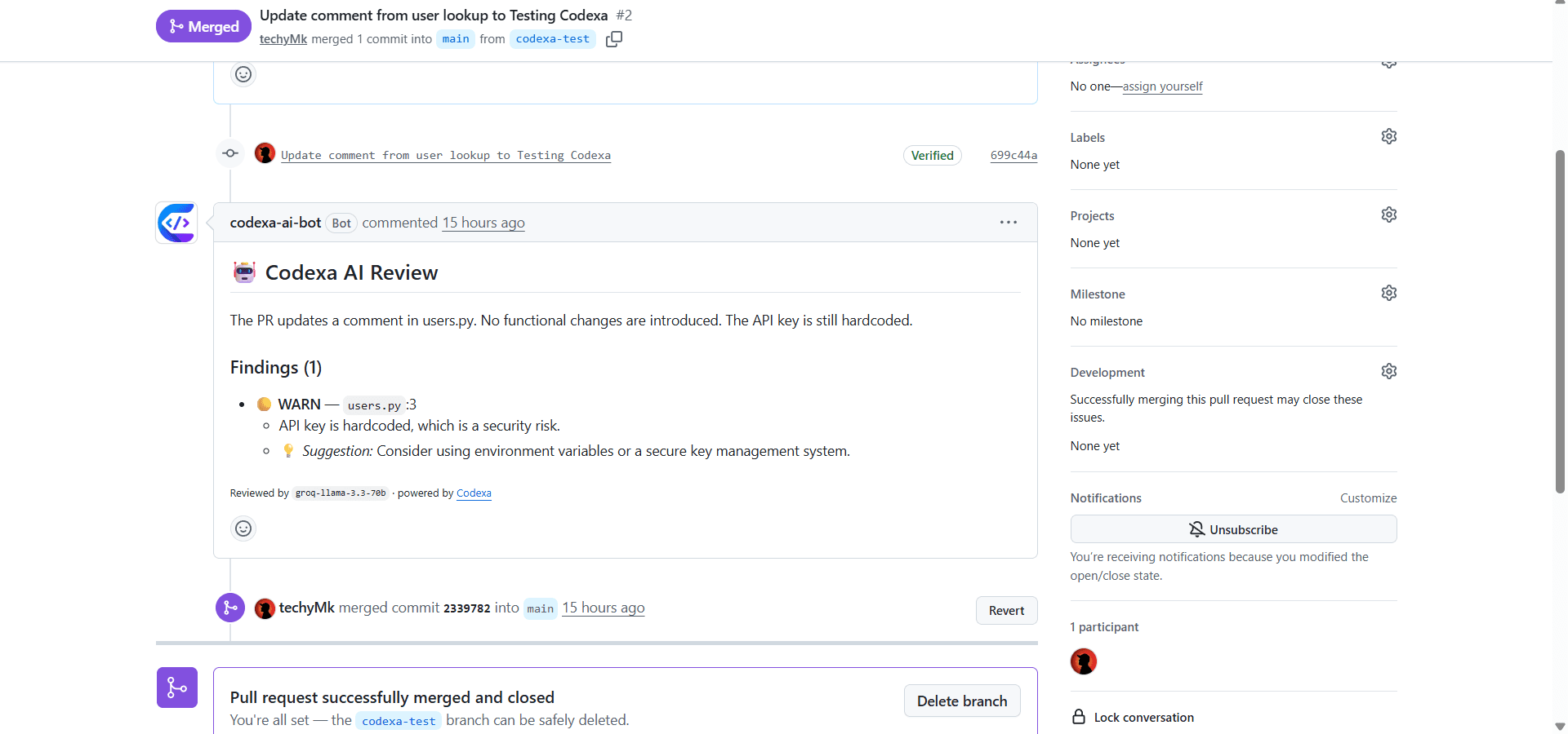 A real Codexa review comment on a GitHub pull request