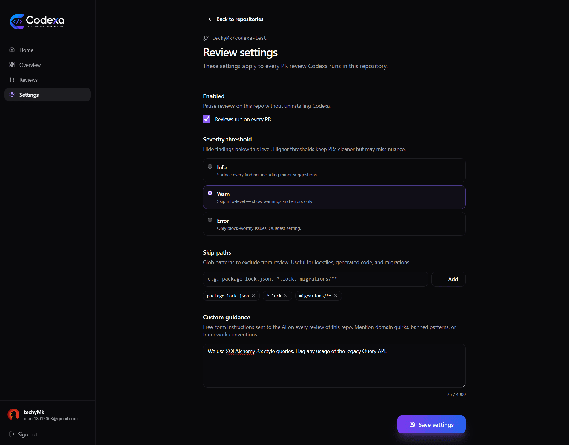 Per-repo settings form with skip paths, severity threshold, and custom guidance